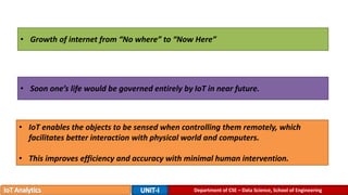 Department of CSE – Data Science, School of Engineering
• Growth of internet from “No where” to “Now Here”
• IoT enables the objects to be sensed when controlling them remotely, which
facilitates better interaction with physical world and computers.
• This improves efficiency and accuracy with minimal human intervention.
• Soon one’s life would be governed entirely by IoT in near future.
 