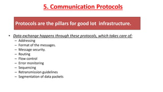 5. Communication Protocols
• Data exchange happens through these protocols, which takes care of:
– Addressing
– Format of the messages.
– Message security.
– Routing
– Flow control
– Error monitoring
– Sequencing
– Retransmission guidelines
– Segmentation of data packets
Protocols are the pillars for good Iot infrastructure.
 