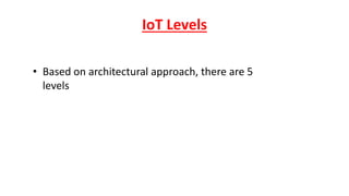 IoT Levels
• Based on architectural approach, there are 5
levels
 