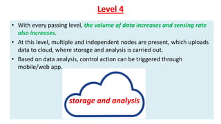 Level 4
• With every passing level, the volume of data increases and sensing rate
also increases.
• At this level, multiple and independent nodes are present, which uploads
data to cloud, where storage and analysis is carried out.
• Based on data analysis, control action can be triggered through
mobile/web app.
storage and analysis
 