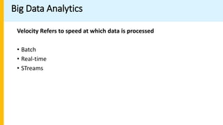 Big Data Analytics
Velocity Refers to speed at which data is processed
• Batch
• Real-time
• STreams
 