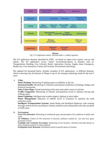 Fig. 2.15 Application matrix: Societal needs vs. market segments.
The IoT application domains identified by IERC are based on inputs from experts, surveys and
reports. The IoT application covers ―smart‖ environments/spaces in domains such as:
Transportation, Building, City, Lifestyle, Retail, Agriculture, Factory, Supply chain, Emergency,
Health care, User interaction, Culture and Tourism, Environment and Energy
The updated list presented below, includes examples of IoT applications in different domains,
which is showing why the Internet of Things is one of the strategic technology trends for the next 5
years.
i. Cities
Smart Parking: Monitoring of parking spaces availability in the city.
Structural health: Monitoring of vibrations and material conditions in buildings, bridges and
historical monuments.
Noise Urban Maps: Sound monitoring in bar areas and centric zones in real time.
Traffic Congestion: Monitoring of vehicles and pedestrian levels to optimize driving and
walking routes.
Smart Lightning: Intelligent and weather adaptive lighting in street lights.
Waste Management: Detection of rubbish levels in containers to optimize the trash
collection routes.
Intelligent Transportation Systems: Smart Roads and Intelligent Highways with warning
messages and diversions according to climate conditions and unexpected events like accidents
or traffic jams.
ii. Environment
Forest Fire Detection: Monitoring of combustion gases and preemptive fire conditions to define alert
zones.
Air Pollution: Control of CO2 emissions of factories, pollution emitted by cars and toxic gases
generated in farms.
Landslide and Avalanche Prevention: Monitoring of soil moisture, vibrations and earth density to
detect dangerous patterns in land conditions.
Earthquake Early Detection: Distributed control in specific places of tremors.
 