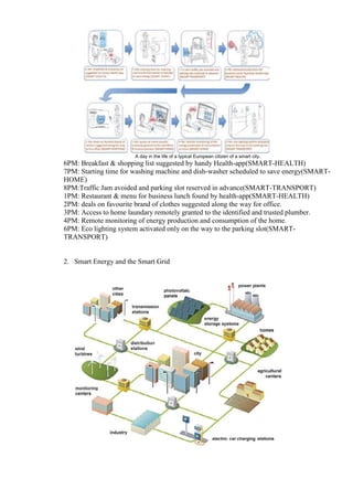 A day in the life of a typical European citizen of a smart city.
6PM: Breakfast & shopping list suggested by handy Health-app(SMART-HEALTH)
7PM: Starting time for washing machine and dish-washer scheduled to save energy(SMART-
HOME)
8PM:Traffic Jam avoided and parking slot reserved in advance(SMART-TRANSPORT)
1PM: Restaurant & menu for business lunch found by health-app(SMART-HEALTH)
2PM: deals on favourite brand of clothes suggested along the way for office.
3PM: Access to home laundary remotely granted to the identified and trusted plumber.
4PM: Remote monitoring of energy production and consumption of the home.
6PM: Eco lighting system activated only on the way to the parking slot(SMART-
TRANSPORT)
2. Smart Energy and the Smart Grid
 