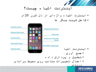 ‫چیست؟‬ ‫اشیاء‬ ‫اینترنت‬
•‫قرن‬ ‫دل‬ ‫از‬ ‫ای‬‫واژه‬ ‫اشیاء‬ ‫اینترت‬20‫ام‬
•‫ها‬ ‫حسگر‬ ‫قیمت‬ ‫کاهش‬
•‫اشیاء‬ ‫اینترنت‬:
•‫داده‬ ‫آوری‬ ‫جمع‬
•‫داده‬ ‫پردازش‬ ‫و‬ ‫تحلیل‬
•‫براساس‬ ‫محیط‬ ‫روی‬ ‫مناسب‬ ‫تغییرات‬ ‫اعمال‬
‫ورودی‬
5
 