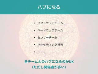 ハブになる
• ソフトウェアチーム
• ハードウェアチーム
• センサーチーム
• マーケティング担当
• ・・・
各チームとのハブになるのがUX
（ただし関係者が多い）
 
