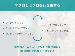 マクロとミクロを行き来する
• リーンキャンバス
• サービスブループリント
• カスタマージャーニーマップ
• ペーパープロトタイプ
• マイクロインタラクション
視点のズームイン・アウトを繰り返して
UX全体の完成度を上げていく
 