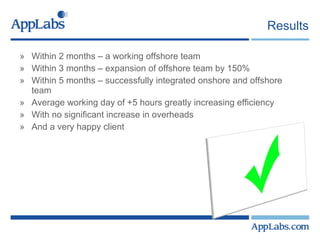 Results Within 2 months – a working offshore team Within 3 months – expansion of offshore team by 150% Within 5 months – successfully integrated onshore and offshore team Average working day of +5 hours greatly increasing efficiency With no significant increase in overheads And a very happy client 