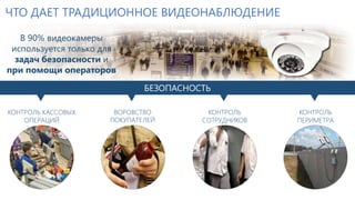 ЧТО ДАЕТ ТРАДИЦИОННОЕ ВИДЕОНАБЛЮДЕНИЕ
В 90% видеокамеры
используется только для
задач безопасности и
при помощи операторов
БЕЗОПАСНОСТЬ
КОНТРОЛЬ КАССОВЫХ
ОПЕРАЦИЙ
ВОРОВСТВО
ПОКУПАТЕЛЕЙ
КОНТРОЛЬ
СОТРУДНИКОВ
КОНТРОЛЬ
ПЕРИМЕТРА
 