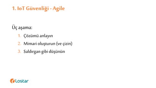1. IoTGüvenliği - Agile
Üçaşama:
1. Çözümü anlayın
2. Mimari oluşturun(ve çizin)
3. Saldırgangibidüşünün
 
