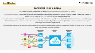 LE RÉSEAU
FOCUS SUR LORA & SIGFOX
Afin de pallier les besoins énergivores de ces objets, des technologies telles que LoRa et SIGFOX ont vu le jour.
Ces technologies consistent à intégrer dans un objet une puce compatible avec la technologie concernée pour recevoir ou émettre un signal. Ce signal émet très loin, en
intérieur et même en sous-sol grâce à des ondes radio vers une ou plusieurs passerelles.
Les objets quant à eux communiquent de façon asynchrone, c’est-à-dire qu'ils n'émettent que lorsqu'ils ont des données à transmettre, contrairement aux smartphones qui
émettent en permanence sur les réseaux 3G et 4G. A noter que le développement de la 5G prendra en compte les objets IoT qui pourront compter sur ce réseau pour
communiquer sans consommer trop de batterie.
Les données sont collectées par des passerelles puis centralisées sur des serveurs et dans des bases de données et les applications accèdent aux donnée via des API afin de les
traiter et de développer les services spécifiques.
 