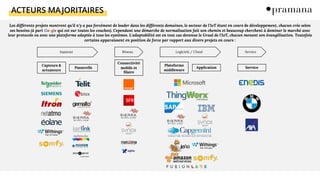 ACTEURS MAJORITAIRES
Matériel Réseau Logiciels / Cloud Service
Application Service
Capteurs &
actuateurs
Passerelle
Connectivité
mobile et
filaire
Plateforme
middleware
Les différents projets montrent qu'il n'y a pas forcément de leader dans les différents domaines, le secteur de l'IoT étant en cours de développement, chacun crée selon
ses besoins (à part Google qui est sur toutes les couches). Cependant une démarche de normalisation fait son chemin et beaucoup cherchent à dominer le marché avec
leur protocole ou avec une plateforme adaptée à tous les systèmes. L'adaptabilité est en tout cas devenue le Graal de l'IoT, chacun menant son évangélisation. Toutefois
certains apparaissent en position de force par rapport aux divers projets en cours :
 