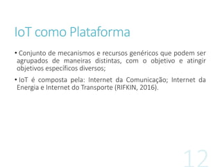 IoT como Plataforma
• Conjunto de mecanismos e recursos genéricos que podem ser
agrupados de maneiras distintas, com o objetivo e atingir
objetivos específicos diversos;
• IoT é composta pela: Internet da Comunicação; Internet da
Energia e Internet do Transporte (RIFKIN, 2016).
 
