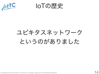 ユビキタスネットワーク 
というのがありました 
Copyright © 2014 Advanced IT Consortium to Evaluate, Apply and Drive All Rights Reserved. 
14 
IoTの歴史 
 
