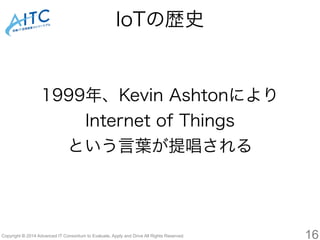 1999年、Kevin Ashtonにより 
Internet of Things 
という言葉が提唱される 
Copyright © 2014 Advanced IT Consortium to Evaluate, Apply and Drive All Rights Reserved. 
16 
IoTの歴史 
 