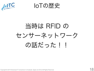 当時は RFID の 
センサーネットワーク 
の話だった！！ 
Copyright © 2014 Advanced IT Consortium to Evaluate, Apply and Drive All Rights Reserved. 
18 
IoTの歴史 
 