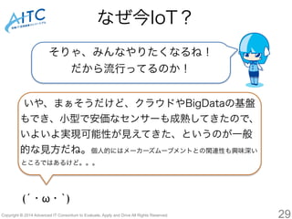 なぜ今IoT？ 
そりゃ、みんなやりたくなるね！ 
だから流行ってるのか！ 
いや、まぁそうだけど、クラウドやBigDataの基盤 
もでき、小型で安価なセンサーも成熟してきたので、 
いよいよ実現可能性が見えてきた、というのが一般 
的な見方だね。個人的にはメーカーズムーブメントとの関連性も興味深い 
ところではあるけど。。。 
(´・ω・`) 
Copyright © 2014 Advanced IT Consortium to Evaluate, Apply and Drive All Rights Reserved. 29 
 