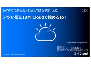 IoT縛りの勉強会~SIerIoTLT⼥⼦部 vol2
アツい夏にIBM Cloudで始めるIoT
IBM Cloud / © 2018 IBM Corporation
2018/7/27
⽇本アイ・ビー・エム株式会社
四元 菜つみ（ynatsumi@jp.ibm.com)
https://twitter.com/ynatsumi7
 