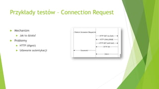 Przykłady testów – Connection Request
 Mechanizm
 Jak to działa?
 Problemy
 HTTP (digest)
 Udawanie autentykacji
 