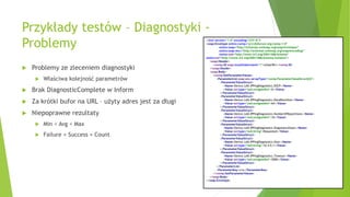 Przykłady testów – Diagnostyki -
Problemy
 Problemy ze zleceniem diagnostyki
 Właściwa kolejność parametrów
 Brak DiagnosticComplete w Inform
 Za krótki bufor na URL – użyty adres jest za długi
 Niepoprawne rezultaty
 Min < Avg < Max
 Failure + Success = Count
<?xml version="1.0" encoding="UTF-8"?>
<soap:Envelope xmlns:cwmp="urn:dslforum-org:cwmp-1-0"
xmlns:soap="http://schemas.xmlsoap.org/soap/envelope/"
xmlns:soap-enc="http://schemas.xmlsoap.org/soap/encoding/"
xmlns:xsd="http://www.w3.org/2001/XMLSchema"
xmlns:xsi="http://www.w3.org/2001/XMLSchema-instance">
<soap:Header>
<cwmp:ID soap:mustUnderstand="1">e2adc961</cwmp:ID>
</soap:Header>
<soap:Body>
<cwmp:SetParameterValues>
<ParameterList soap-enc:arrayType="cwmp:ParameterValueStruct[6]">
<ParameterValueStruct>
<Name>Device.LAN.IPPingDiagnostics.DSCP</Name>
<Value xsi:type="xsd:unsignedInt">0</Value>
</ParameterValueStruct>
<ParameterValueStruct>
<Name>Device.LAN.IPPingDiagnostics.DataBlockSize</Name>
<Value xsi:type="xsd:unsignedInt">64</Value>
</ParameterValueStruct>
<ParameterValueStruct>
<Name>Device.LAN.IPPingDiagnostics.NumberOfRepetitions</Name>
<Value xsi:type="xsd:unsignedInt">10</Value>
</ParameterValueStruct>
<ParameterValueStruct>
<Name>Device.LAN.IPPingDiagnostics.DiagnosticsState</Name>
<Value xsi:type="xsd:string">Requested</Value>
</ParameterValueStruct>
<ParameterValueStruct>
<Name>Device.LAN.IPPingDiagnostics.Host</Name>
<Value xsi:type="xsd:string">10.4.0.1</Value>
</ParameterValueStruct>
<ParameterValueStruct>
<Name>Device.LAN.IPPingDiagnostics.Timeout</Name>
<Value xsi:type="xsd:unsignedInt">5000</Value>
</ParameterValueStruct>
</ParameterList>
<ParameterKey>n/a</ParameterKey>
</cwmp:SetParameterValues>
</soap:Body>
</soap:Envelope>
 