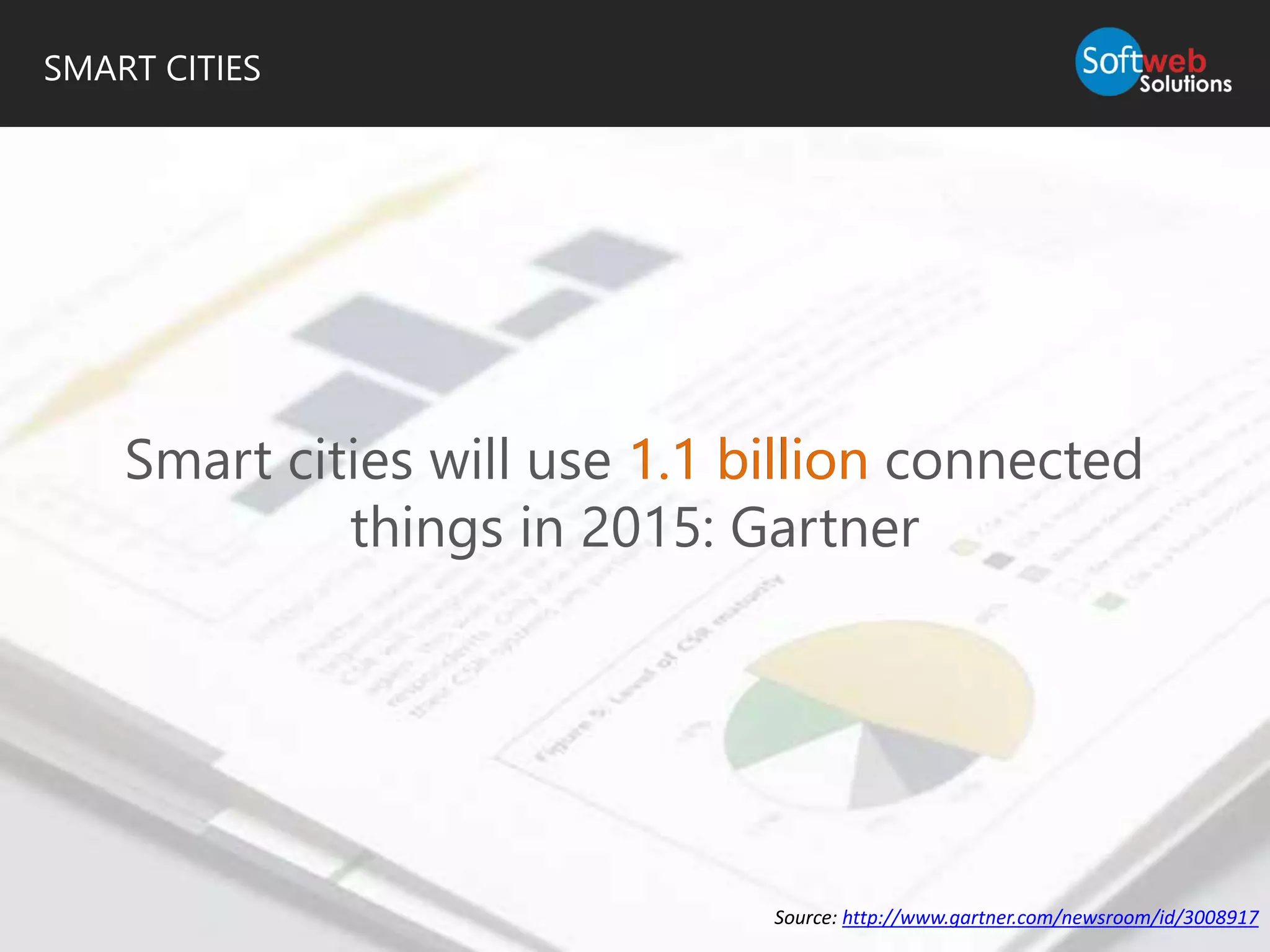 SMART CITIES
Smart cities will use 1.1 billion connected
things in 2015: Gartner
Source: http://www.gartner.com/newsroom/id/3008917
1.1 billion
 