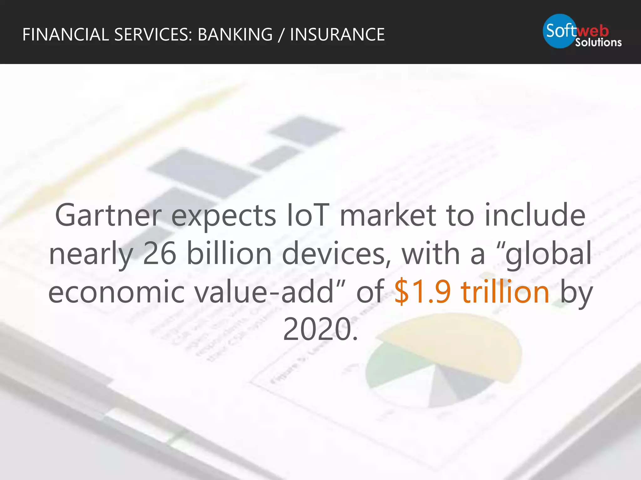 Gartner expects IoT market to include
nearly 26 billion devices, with a “global
economic value-add” of $1.9 trillion by
2020.
$1.9 trillion
FINANCIAL SERVICES: BANKING / INSURANCE
 