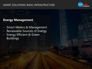 SMART SOLUTIONS: BASIC INFRASTRUCTURE
Energy Management
- Smart Meters & Management
- Reviewable Sources of Energy
- Energy Efficient & Green
Buildings
 