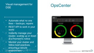 Visual management for
DSE
• Automate what no one
likes – backups, repairs
• REST API to work in your
world
• Instantly manage your
cluster, scaling up or down
at a moment’s notice
• Monitor your cluster and
follow best practices,
ensuring a secure
environmentDataStax is a registered trademark of DataStax, Inc. and its subsidiaries in the United States
and/or other countries.38
OpsCenter
 