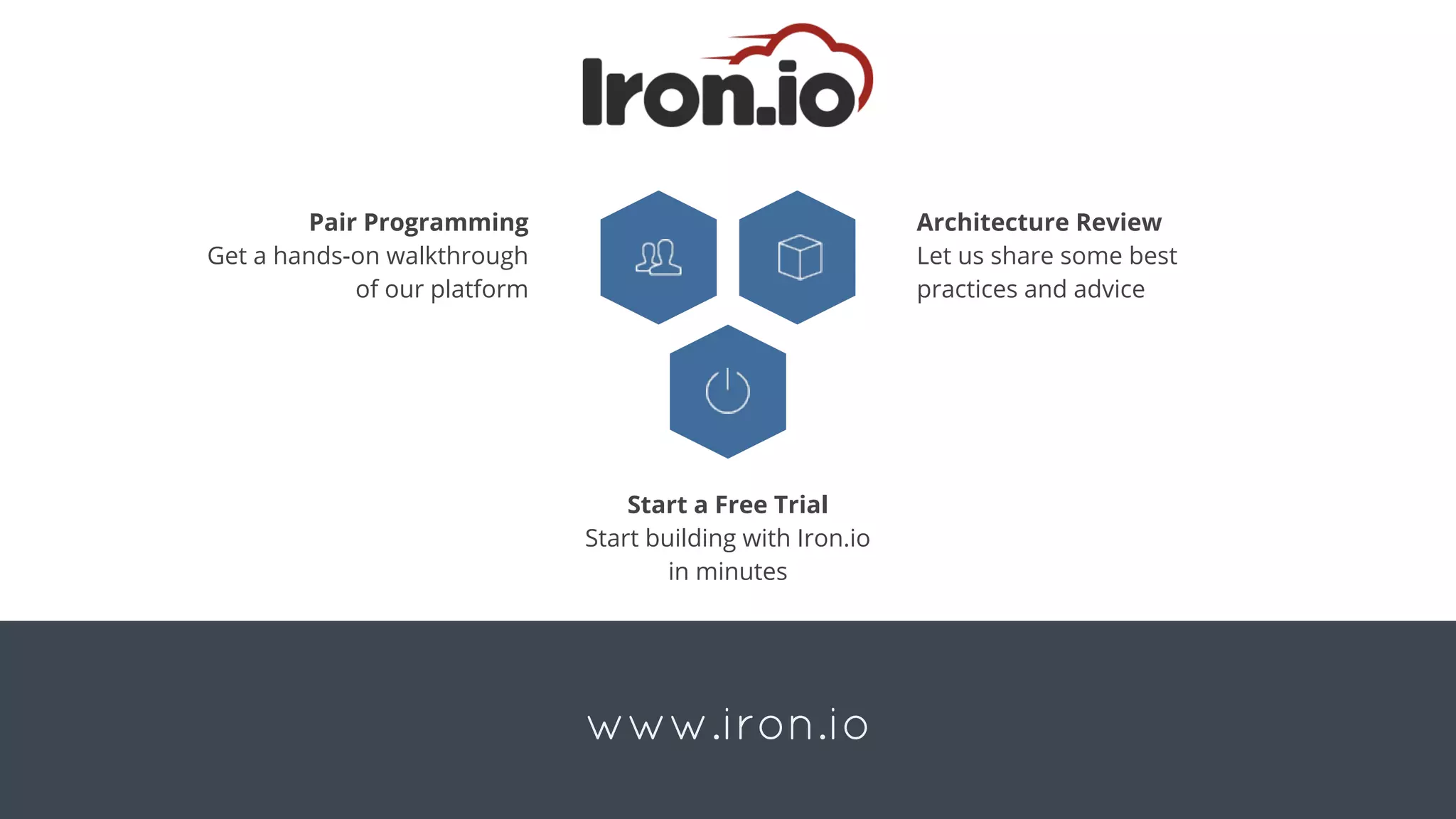 Pair Programming
Get a hands-on walkthrough
of our platform
Architecture Review
Let us share some best
practices and advice
Start a Free Trial
Start building with Iron.io
in minutes
www.iron.io
 