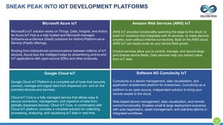 SNEAK PEAK INTO IOT DEVELOPMENT PLATFORMS
Microsoft Azure IoT
Microsoft’s IoT solution works on Things, Data, Insights, and Action.
Its Azure IoT Hub is a fully hosted and Microsoft-managed
Software-as-a-Service (SaaS) solutions for distinct Platform-as-a-
Service (PaaS) offerings.
Rooting from bidirectional communications between millions of IoT
devices, Azure lays the intelligent edge by streamlining end-to-end
IoT applications with open-source SDKs and other protocols.
Amazon Web Services (AWS) IoT
AWS IoT provides functionality spanning the edge to the cloud, to
build IoT solutions that integrates with AI services, to make devices
smarter, even without Internet connectivity. Built on the AWS cloud,
AWS IoT can easily scale as your device fleet grows.
Control services allow you to control, manage, and secure large
and diverse device fleets. Data services help you extract value
from IoT data.
Google Cloud IoT
Google Cloud IoT Platform is a complete set of tools that securely
connect, manage and ingest data from dispersed (on- and of- the
premise) devices and services.
Cloud IoT Core is a fully managed service that allows easy &
secure connection, management, and ingestion of data from
globally dispersed devices. Cloud IoT Core, in combination with
Cloud IoT platform, provides a complete solution for collecting,
processing, analyzing, and visualizing IoT data in real time.
Software AG Cumulocity IoT
Cumulocity is a device management, data visualization, and
application enablement platform for enterprises. Cumulocity as a
platform is an open source, independent solution to bring your
remote assets to the cloud.
Web-based device management, data visualization, and remote
control functionality. Enables small & large deployment scenarios
with auto-registration, asset management, and real-time alarms in
integrated workflows
20
 