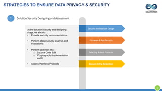 Security Architecture Design
Firmware & App Security
Selecting Robust Protocols
Secure Infra Selection
Solution Security Designing and Assessment1.
At the solution security and designing
stage, we should:
• Provide security recommendations
• Perform deep security analysis and
evaluations
• Perform activities like –
o Source Code Edit
o Cryptography implementation
audit
• Assess Wireless Protocols
STRATEGIES TO ENSURE DATA PRIVACY & SECURITY
32
 