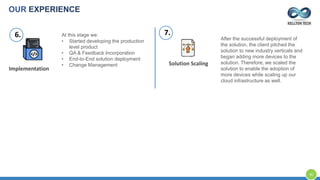 40
After the successful deployment of
the solution, the client pitched the
solution to new industry verticals and
began adding more devices to the
solution. Therefore, we scaled the
solution to enable the adoption of
more devices while scaling up our
cloud infrastructure as well.
At this stage we:
• Started developing the production
level product
• QA & Feedback Incorporation
• End-to-End solution deployment
• Change Management
Implementation
Solution Scaling
6. 7.
OUR EXPERIENCE
40
 