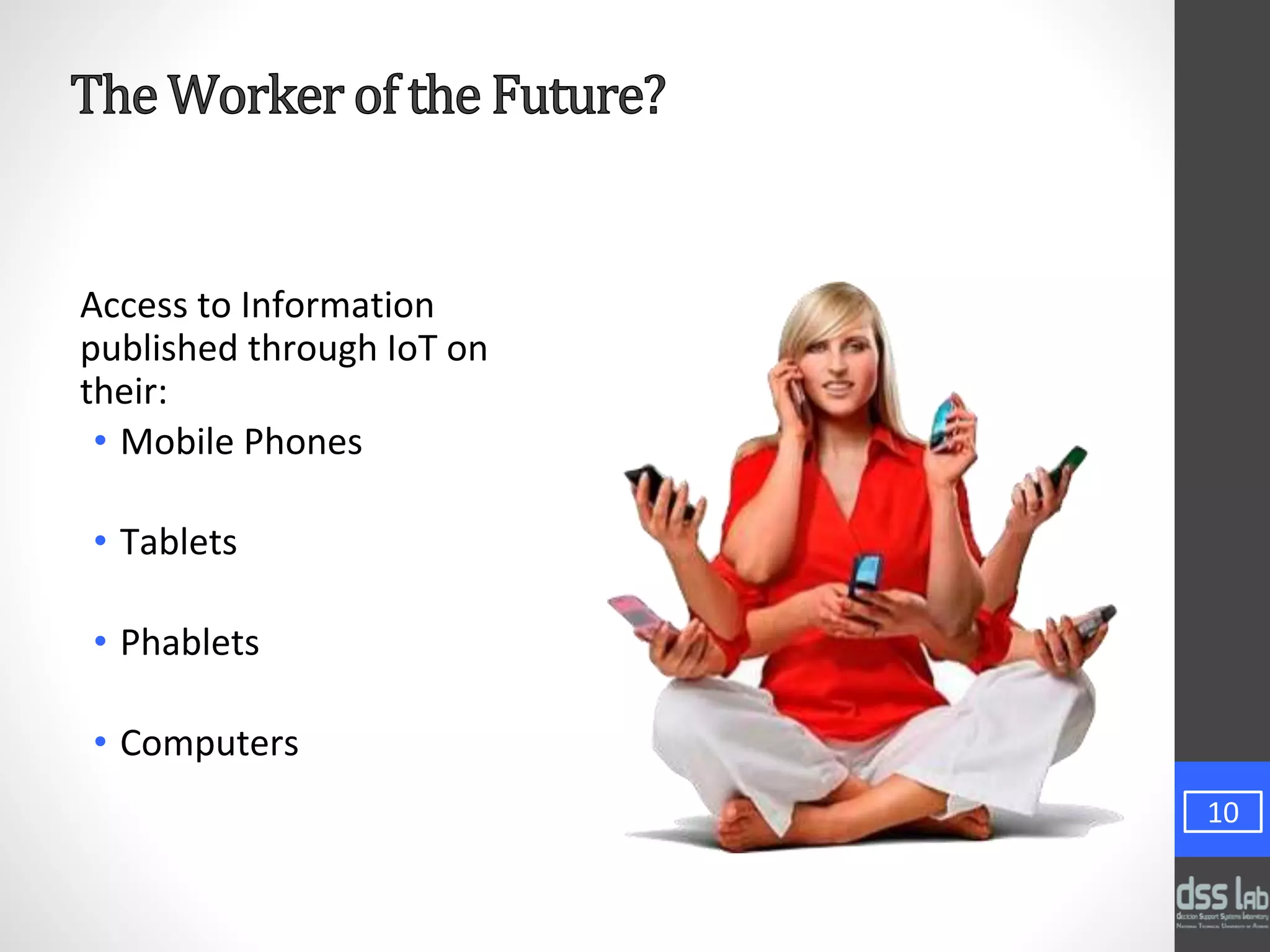 Access to Information
published through IoT on
their:
• Mobile Phones
• Tablets
• Phablets
• Computers
10
 