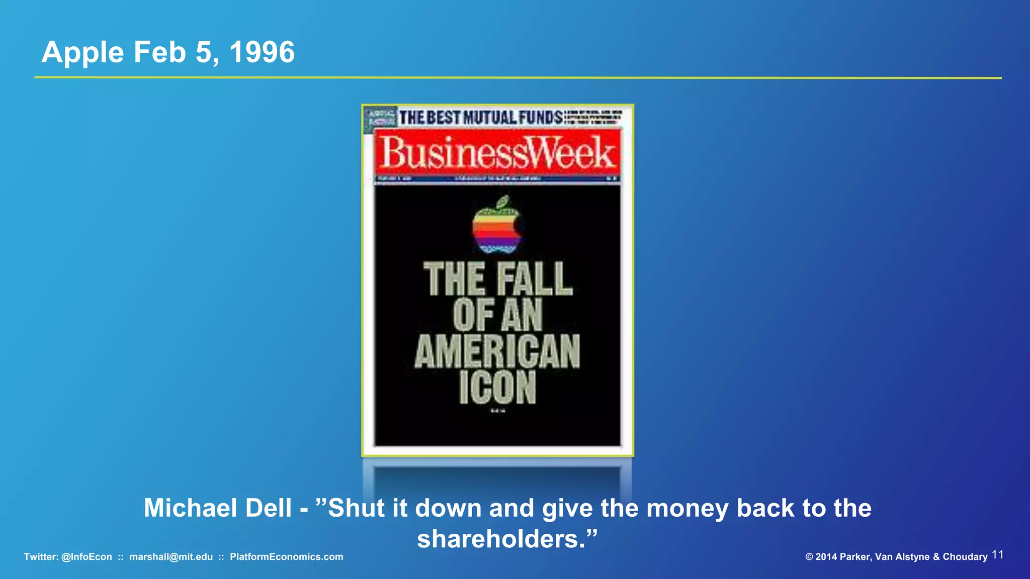11© 2015 Parker, Van Alstyne & ChoudaryTwitter: @InfoEcon :: marshall@mit.edu :: PlatformEconomics.com
Apple Feb 5, 1996
Michael Dell - ”Shut it down and give the money back to the
shareholders.”
 