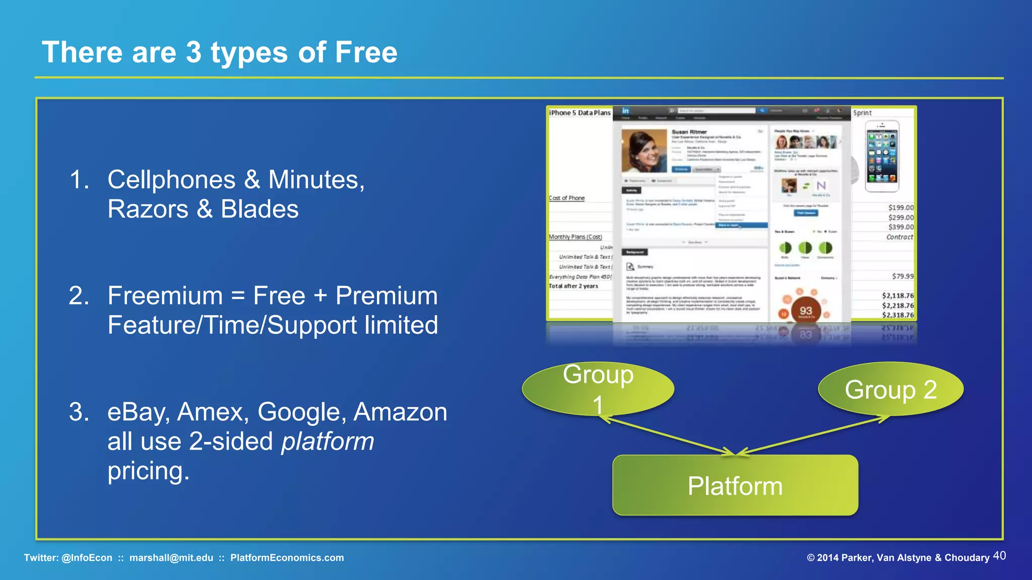 For work on antitrust
regulation, market power
& two-sided platforms
Jean Tirole: Nobel Laureate in Economics 2015
© 2015 Parker, Van Alstyne & ChoudaryTwitter: @InfoEcon :: marshall@mit.edu :: PlatformEconomics.com
Nobel Prize in Economics 2014
 