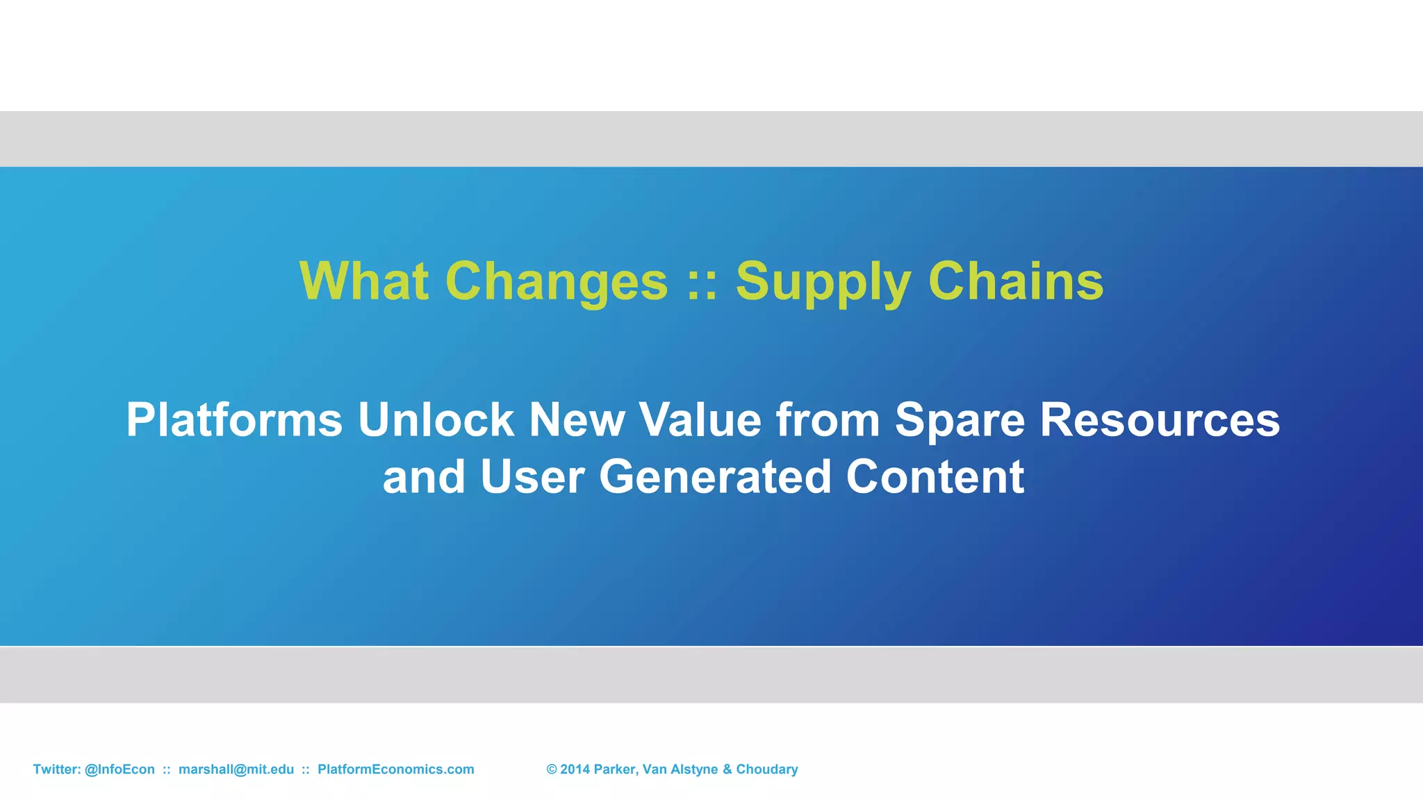 Corporate valuation models that underestimate
market expansion due to network effects fail to invest
What Changes :: Finance
© 2015 Parker, Van Alstyne & ChoudaryTwitter: @InfoEcon :: marshall@mit.edu :: PlatformEconomics.com
 