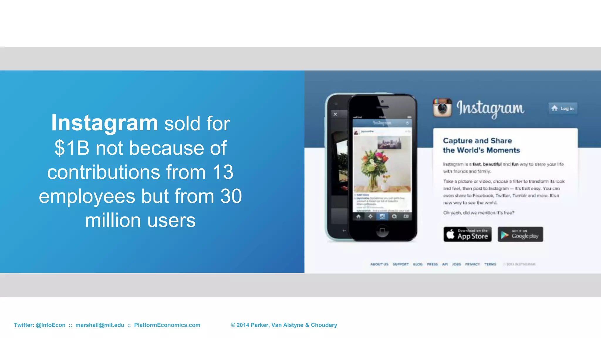Bill Gurley: Venture Capitalist, OpenTable, Zillow, Uber
© 2015 Parker, Van Alstyne & ChoudaryTwitter: @InfoEcon :: marshall@mit.edu :: PlatformEconomics.com
• All true but overlooking
network effects.
• Prices decline expanding to
rental car market and car
replacement market and
delivery market.
• Oh, BTW, already 3x size in
2009 when Uber started.
• Value: $17 Billion
Source: David Sacks, COO PayPal, CEO Yammer
 