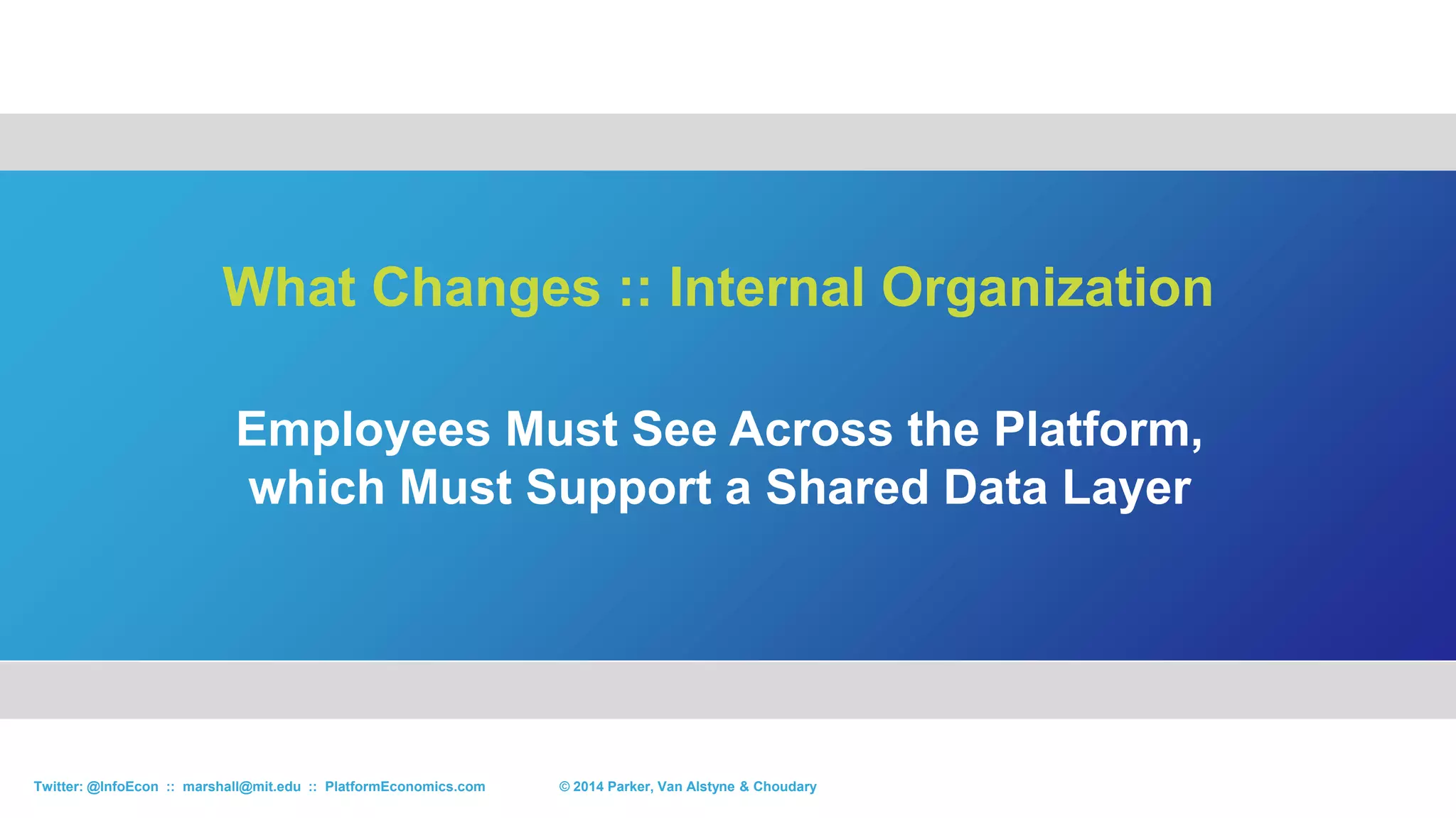Instagram sold for
$1B not because of
contributions from 13
employees but from 30
million users
© 2015 Parker, Van Alstyne & ChoudaryTwitter: @InfoEcon :: marshall@mit.edu :: PlatformEconomics.com
 
