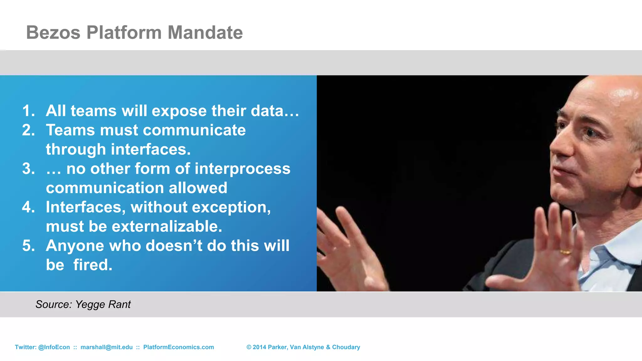 ``In 2015, Uber, the world’s largest
taxi company owns no vehicles,
Facebook the world’s most popular
media owner creates no content,
Alibaba the most valuable retailer
has no inventory, and Airbnb the
world’s largest hotelier owns no
real estate.’’
Tom Goodwin, Sr. VP of Strategy Havas Media
© 2015 Parker, Van Alstyne & ChoudaryTwitter: @InfoEcon :: marshall@mit.edu :: PlatformEconomics.com
 
