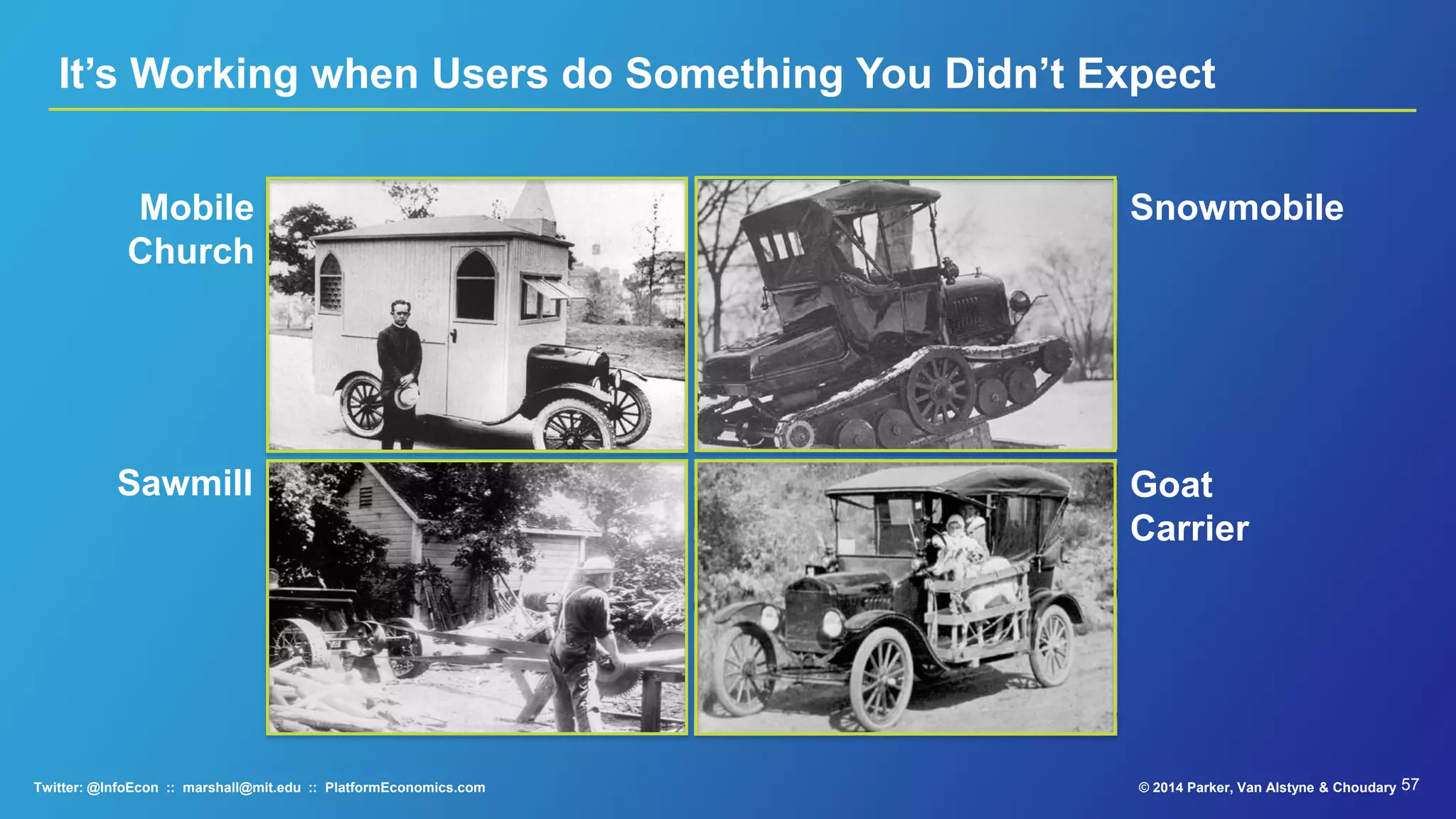 1. All teams will expose their data…
2. Teams must communicate
through interfaces.
3. … no other form of interprocess
communication allowed
4. Interfaces, without exception,
must be externalizable.
5. Anyone who doesn’t do this will
be fired.
Bezos Platform Mandate
© 2015 Parker, Van Alstyne & ChoudaryTwitter: @InfoEcon :: marshall@mit.edu :: PlatformEconomics.com
Source: Yegge Rant
 