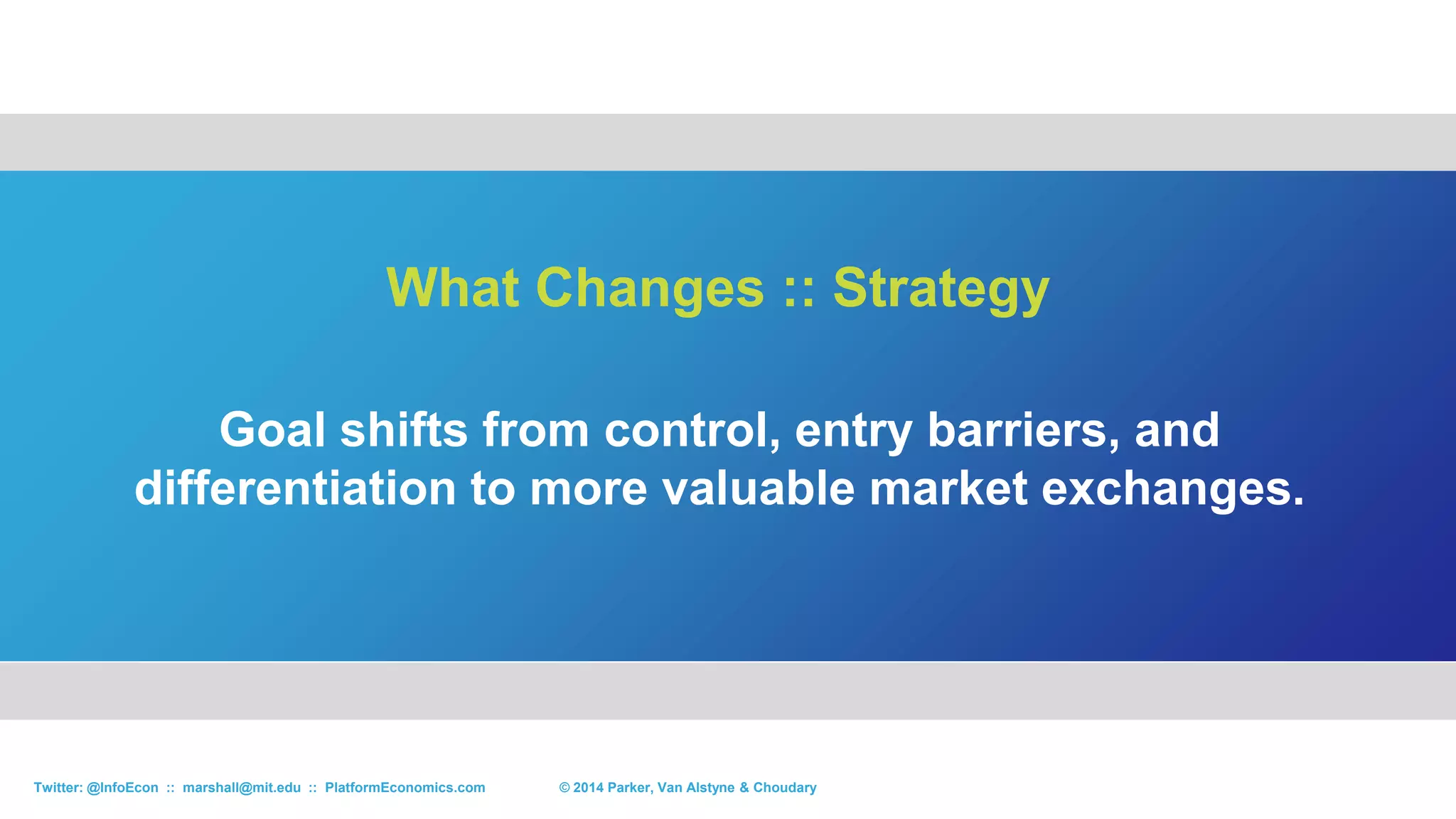 Platforms will Displace Gatekeepers with
Meritocratic Crowds
What Changes :: Industry Bottlenecks
© 2015 Parker, Van Alstyne & ChoudaryTwitter: @InfoEcon :: marshall@mit.edu :: PlatformEconomics.com
 
