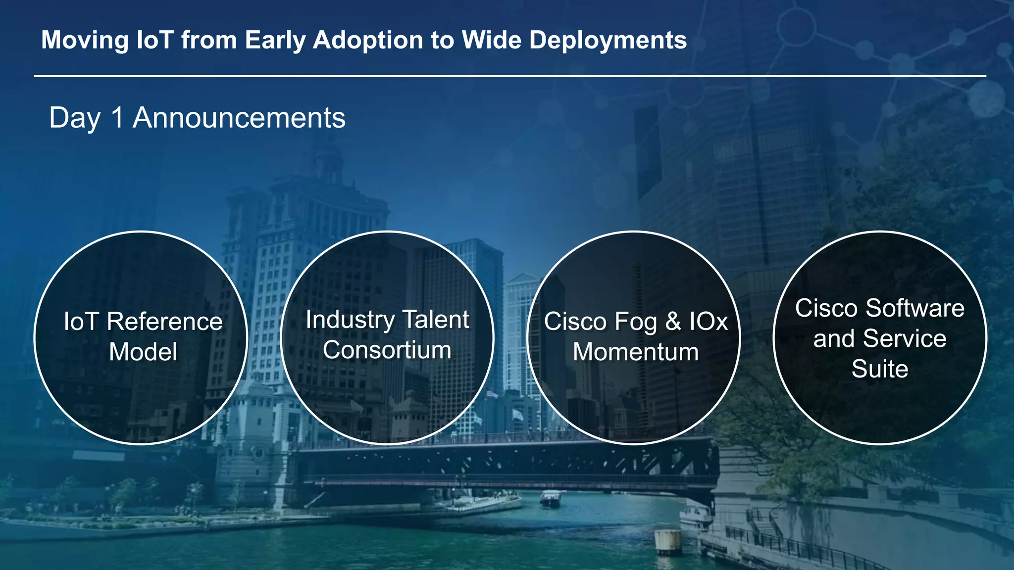 © 2013 Cisco and/or its affiliates. All rights reserved. 11 
Moving IoT from Early Adoption to Wide Deployments 
IoT Reference 
Model 
Industry Talent 
Consortium 
Cisco Fog & IOx 
Momentum 
Cisco Software 
and Service 
Suite 
Day 1 Announcements 
 