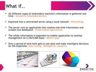 What if.. 
 All different types of embroidery machine’s information is gathered real 
time - Sensors & Embedded devices 
 Exported into a centralized server using a local network - Networking 
 The server runs an application that mashes real time information and 
creates live dashboard – Cloud hosted applications 
 The whole information is exported via mobile application to monitor 
management on a 24x7x365 basis - Mobile apps 
 Over a period of time Amit gets to see data and make intelligent decisions 
on 10x expansion- Data mining, intelligence, analytics 
 