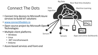 Connect The Dots
• Connect tiny devices to Microsoft Azure
services to build IoT solutions
• www.connectthedots.io
• Open source project by Microsoft Open
Technologies
• Multiple client platforms
• Windows
• Linux
• .NET microframework
• Arduino
• Azure-based services and front-end
 