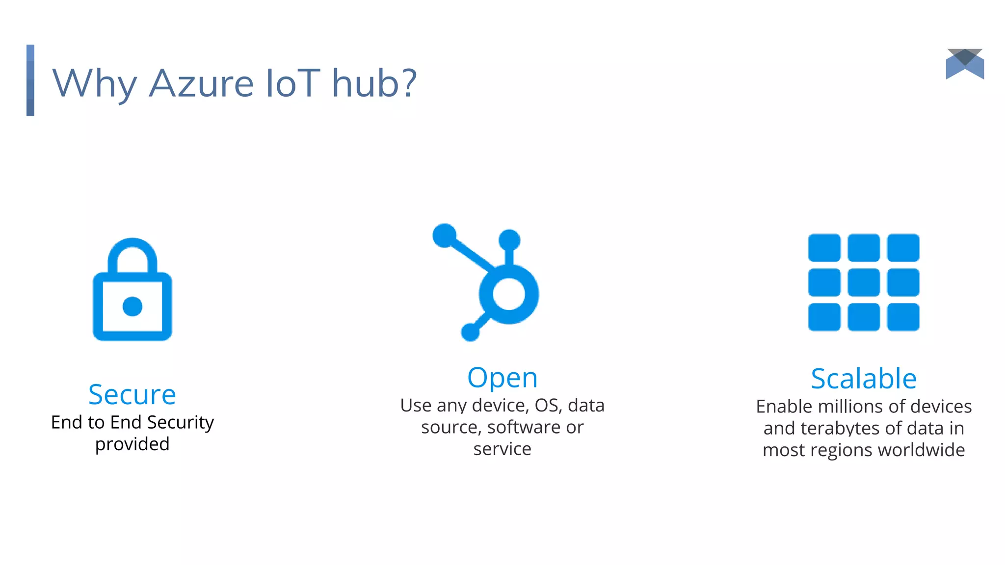 Why Azure IoT hub?
Secure
End to End Security
provided
Open
Use any device, OS, data
source, software or
service
Scalable
Enable millions of devices
and terabytes of data in
most regions worldwide
 