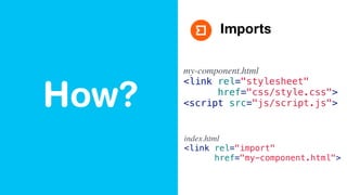 How?
Imports
index.html
<link rel="import"
href="my-component.html">
my-component.html
<link rel="stylesheet"
href="css/style.css">
<script src="js/script.js">
 