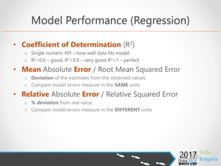 • Probability Threshold
o Cost of one error could be much higher that cost of other
o (i.e. Spam filter vs Machine failure)
• Accuracy
o For symmetric 50/50 data
• Precision
o (i.e. 1000 devices, 6 fails, 8 predicted, 5 true failures)
o Correct positives (i.e. 5/8 = 0.625, FP are expensive)
• Recall
o Correctly predicted positives (i.e. 5/6=0.83, FN are expensive)
• F1
o Balanced cost of Precision/Recall
Threshold Selection (Binary)
 