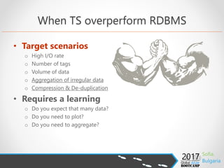 Time Series for Sensor Data
• TS Data
o Sequence of data from the same source over time
o Regular and Irregular TS Data
o Entries typically do not change
• Time Series DB
o Optimized for TS Data
• Process Historian – more than TS DB
o Interfaces to read data from multiple data sources
o Render graphics for meaningful points
o Statistical process control
o Redundancy and high availability
 