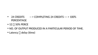 • 24 CREDITS -- > COMPLETING 24 CREDITS --- > 100%
PERCENTAGE
• 12  50% PERCE
• NO. OF OUTPUT PRODUCED IN A PARTICULAR PERIOD OF TIME.
• Latency  delay (tme)
 