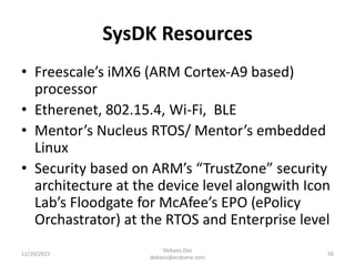SysDK Resources
• Freescale’s iMX6 (ARM Cortex-A9 based)
processor
• Etherenet, 802.15.4, Wi-Fi, BLE
• Mentor’s Nucleus RTOS/ Mentor’s embedded
Linux
• Security based on ARM’s “TrustZone” security
architecture at the device level alongwith Icon
Lab’s Floodgate for McAfee’s EPO (ePolicy
Orchastrator) at the RTOS and Enterprise level
11/20/2015
Debasis Das
debasis@ecdzone.com
56
 