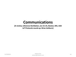 Communications
(A review, reference DevNation, Jun 21-25, Boston, MA, USA
IoT Protocols round-up- Brian Ashburn)
11/20/2015
Debasis Das
debasis@ecdzone.com
61
 
